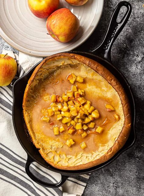 Dutch Baby with apple fritter topping Apple Dutch Baby, Delicious Fall Recipes, Dutch Baby Recipe, Caramelized Apples, Dutch Baby Pancake, Easy Breakfast Recipe, Apple Fritter, Family Meal Planning, Fall Breakfast