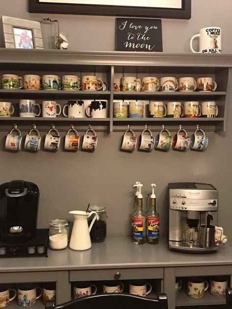 Coffee Bar Starbucks Mugs Collection Display, Starbucks Display Ideas, What To Collect Ideas, Coffee Mug Collection Display, Kitchen Mug Display, Coffee Mug Display Wall, Starbucks Been There Mugs Display, Mugs Display Ideas, Starbucks Mugs Display