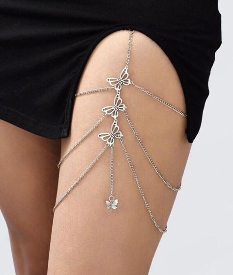 Black And Silver  Garter with Butterfly Charms - Leg Jewellery  | eBay Thigh Assesories, Silver Thigh Chain, Thigh Jewelry With Dress, Thigh Chain Diy, Diy Thigh Chain Jewelry, Body Chains Jewelry, Thigh Jewelry Chains, Thigh Chain Outfit, Leg Jewelry Body Chains