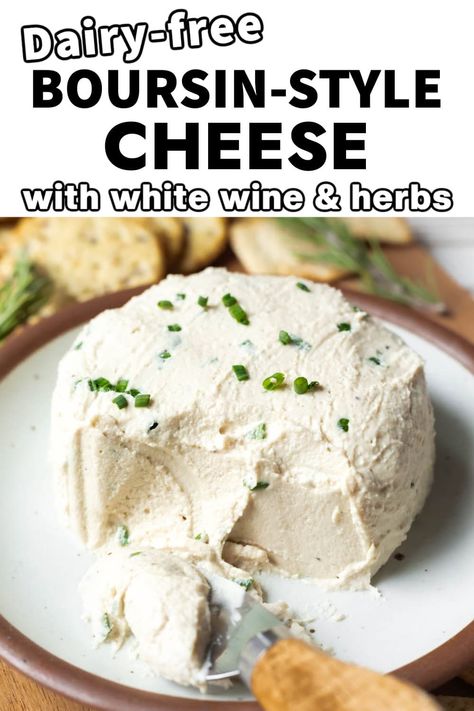 If you love French-style cheese, this homemade Vegan Boursin Cheese is the perfect plant-based version! It's rich, creamy, and features a classic combination of garlic and herbs. Simmering the cashews in dry white wine is the secret to achieving a delightfully tangy and cheesy flavor. Spread it on crackers, add it to mashed potatoes, mix it into your pasta, or use it as a dip for veggies—the possibilities are endless! Vegan Boursin, Cashew Cheese Recipe, Dip For Veggies, Boursin Recipes, Vegan Appetizers Recipes, Vegan Feta Cheese, Plant Based Cheese, Vegan Cheese Recipes, Vegan Party Food