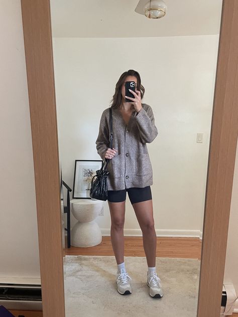 Biker Shorts And Cardigan Outfit, Sweater Biker Shorts Outfit, Biker Shorts Fall Outfit, Sweater And Biker Shorts Outfit, Florida Fall Outfits 2023, Shorts And Cardigan Outfit Summer, Biker Shorts Outfit Fall, Sweater And Biker Shorts, Fall Outfits With Shorts