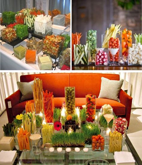 Veggie Display Ideas - the color of fresh vegetables is gorgeous in and of itself. Use that as a focal point in your table scapes. Veggie Bars, Veggie Display, Vegetable Tray, Catering Display, Unique Plates, Fruit Display, Buffet Ideas, Food Stations, Veggie Tray