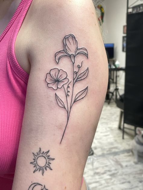 iris & violet Violets And Iris Tattoo, February Iris Flower Tattoo, Iris Violet Tattoo, Iris Flower Tattoo Outline, Violet And Iris Tattoo, Black And White Iris Tattoo, Violet And Iris Flower Tattoo, February Flower Tattoo, Birth Flowers Tattoo