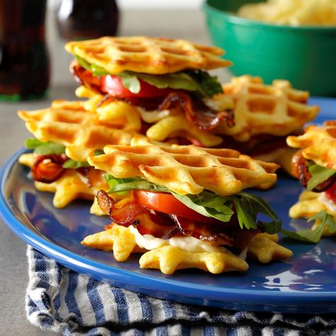 BLT Waffle Sliders Recipe -Craving a BLT for breakfast? Try a deliciously different version that features crisp bacon and fresh tomatoes between two golden cornmeal waffles. Prepare the waffles ahead of time and reheat in the toaster for quick assembly. —Stacy Joura, Stoneboro, Pennsylvania. Waffles For Dinner, Summer Breakfast Recipes, Cornmeal Waffles, Waffle Sliders, Food Truck Recipes, Waffle Sandwiches, Waffle Iron Recipes, Boiled Chicken Breast, Mini Waffle Maker