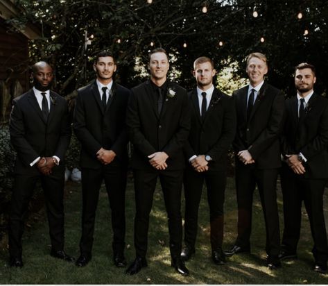 All Black Groom And Groomsmen, Wedding Party Black Attire, Black Tux Black Shirt, Wedding Tux Black, Grooms Attire Black, Black On Black Groom, Groom All Black Suit, Groomsmen Aesthetic, Black Wedding Suit For Groom