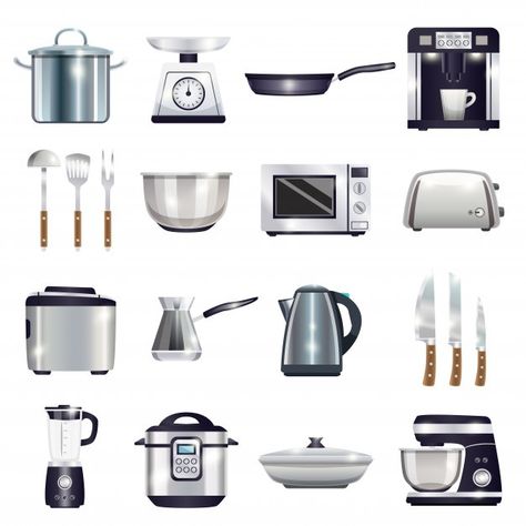 Kitchen accessories set Free Vector | Free Vector #Freepik #freevector #food #coffee #kitchen #house Small Kitchen Accessories, Galley Kitchens, How To Make Smoothies, Appliances Online, Compact Kitchen, Galley Kitchen, Contemporary Kitchen Design, Knife Set Kitchen, Kitchen Equipment