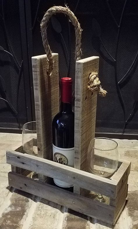 Bottle Holder Wood, Wine Bottle Holder Diy, Wine Bottle Glass Holder, Wooden Wine Bottle Holder, Wood Wine Bottle Holder, Wooden Wine Holder, Wood Wine Holder, Repurposed Wine Bottles, Pallet Wine