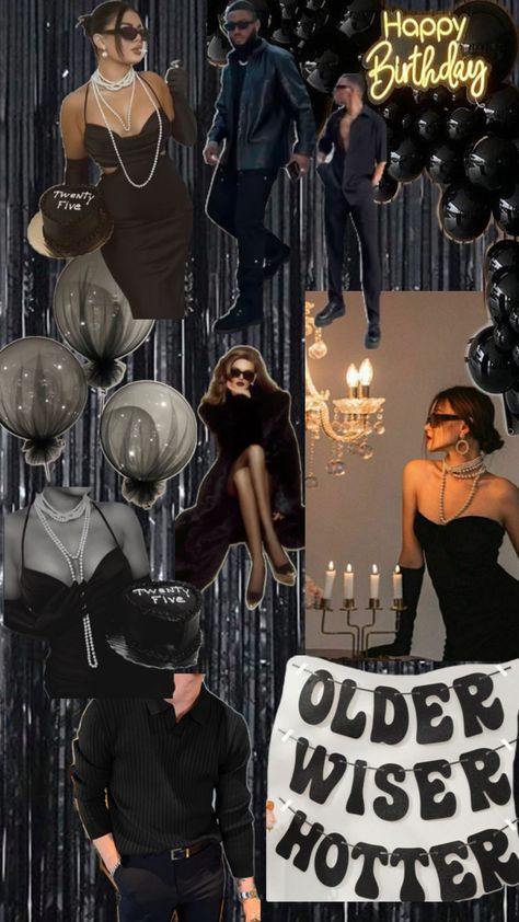 Birthday; Rip to my early 20s, mob aesthetic 29 Birthday Themes For Her, Black Birthday Aesthetic, 29 Birthday Ideas For Her, 29th Birthday Decorations, Older Wiser Hotter, Mob Aesthetic, All Black Attire, 30th Birthday Party Themes, 40th Birthday Themes