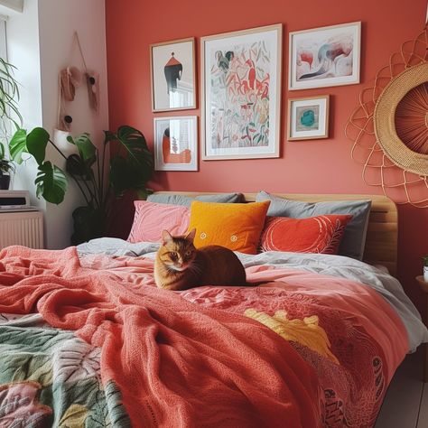 White Walls Colorful Decor Bedroom, Small Colorful Bedroom Ideas, Cozy Colourful Bedroom, Maximalist Guest Bedroom, Colorful Adult Bedroom, Minimalist Colorful Bedroom, Bedroom Bright Colors, Colorful Bedding Ideas, Cozy Colorful Bedroom