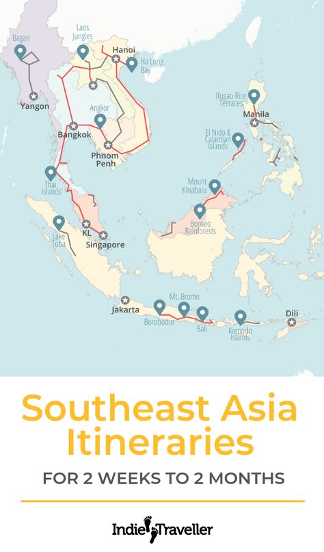 Southeast Asia Itineraries & Backpacking Routes (Ultimate Guide!) • Indie Traveller Southeast Asia Itinerary, Asia Itinerary, South East Asia Backpacking, Travel Bingo, Asia Travel Outfit, Backpacking Routes, Backpacking Asia, Travel Route, Travel Destinations Asia