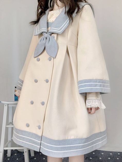 Sweet Girl Aesthetic, Winter Clothes Aesthetic, Sailor Jacket, Sweet Outfits, Gaun Abad Pertengahan, Sweet Milk, Milk Candy, Woolen Coat Woman, Patchwork Coat