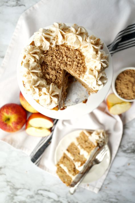 apple cinnamon layer cake with brown butter streusel | The Baking Fairy Cinnamon Layer Cake, Apple Layer Cake, Spiced Buttercream, Slow Cooker Apple Butter, Dreamy Desserts, Layered Cakes, Apple Cream, Store Bought Frosting, Fruit Cakes