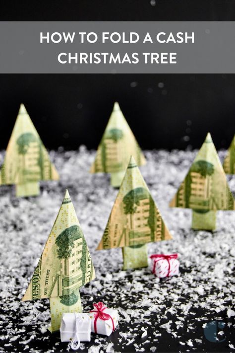 Learn how to make a money tree by folding a dollar bill! Make this Christmas Money Tree with our step by step instructions. #["paper-folding", "origami", "greeting-card", "paper", "Papercrafting", "crafting", "Curbly-Original", "DIY", "christmas-tree", "gift", "Craft"] How To Fold Money Into Trees, Money Trees Ideas, How To Fold Money To Make A Christmas Tree, How To Fold Money Into Shapes, How To Fold Money Into A Christmas Tree, Oragami Christmas Trees Easy, How To Fold Dollar Bills Into Shapes, How To Fold Money For Gifts, Folding Dollar Bills Easy Step By Step