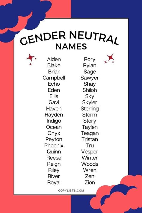 a list of gender neutral names on a blue and red background Cute Roblox User Names, Names For Ocs, Names Gender Neutral, Names With Nicknames, Neutral Names, Names For Characters, Best Character Names, Gender Neutral Names