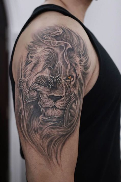 Shoulder Lion Tattoo, Lion Warrior Tattoo, Tattoo Chest And Shoulder, Armor Sleeve Tattoo, Raskog Ikea, Lion Shoulder Tattoo, Octopus Tattoo Sleeve, Fighter Tattoo, Warrior Tattoo Sleeve