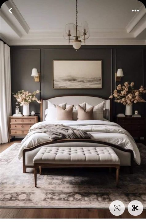 Master Bedrooms Modern Cozy, Master Bedrooms Black And White, Inviting Guest Bedroom, Bedroom Inspirations With Carpet, Master Bedrooms Rustic Modern, Traditional Masculine Bedroom, Peak Ceiling Bedroom, Master Bedrooms With Slanted Ceilings, Contemporary Transitional Bedroom