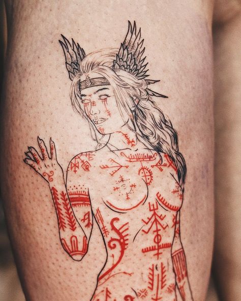 Norse goddess Freyja done in the Åland Islands. Incredibly pleased to have been able to tattoo my version of such a powerful character. Bring me all your ideas of the gods. Norse Woman Tattoo, Norse Women Tattoo, Hel Goddess Tattoo, Freya Tattoos, Freya Goddess Tattoo Design, Norse God Tattoo, Freyja Tattoo, Freya Tattoo, Freyja Goddess