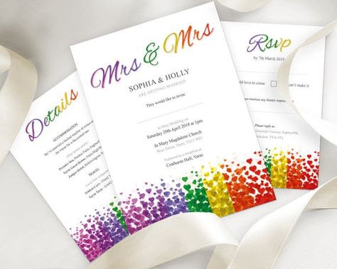 Pride Wedding Ideas, Lgbt Wedding Invitations, Lesbian Wedding Invitations, Pride Colours, Wedding Invitation Details Card, Pride Wedding, Gay Wedding Invitations, Lgbtq Weddings, Colourful Wedding