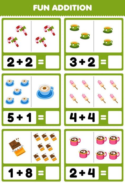 Education game for children fun addition by counting and sum of cute cartoon candy tea coffee marshmallow chocolate printable winter worksheet Tea Activities For Kids, Kg2 Activities, Fun Addition Activities, Winter Worksheet, Fun Phonics Activities, Cartoon Candy, Marshmallow Chocolate, Game For Children, Learn Math