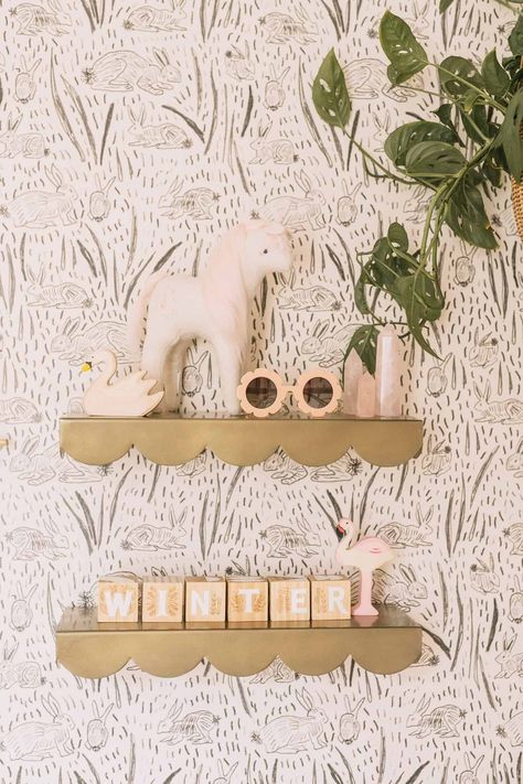 Elsie’s Nursery Tour (And Baby Name!) Vintage Baby Girl Nursery, Baby Nursery Design, Nursery Tour, Wallpaper Shelves, Baby Room Neutral, Whimsical Nursery, Gold Nursery, Nursery Shelves, Bedroom Wallpaper