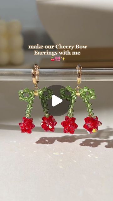 How To Make Crystal Earrings, Crystal Bead Earrings Diy, Glass Bead Tutorial, Cherry Beaded Earrings, How To Make A Cherry With Beads, Crystal Beads Earrings, Cherry With Beads, Cherry Beads Tutorial, Beaded Bow Earrings