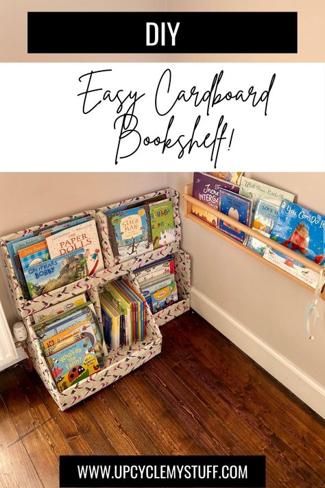 Sort out your kid's books using cardboard boxes from the recycling bin and leftover wallpaper! You can make this kid's bookcase in an afternoon by upcycling and repurposing stuff you already have. A no cost storage solution for any kid's room. Cardboard Crafts | Cardboard Shelves | DIY Kid's Room Decor | DIY Projects Recycled Room Decor Diy, Cardboard Recycling Storage, Cardboard Box Shelves Diy, Book Shelf Diy Ideas, Book Storage Ideas Bedrooms, Diy Book Bin, Diy Cardboard Bookshelf, Cardboard Bookshelf Diy, Diy Kids Book Storage