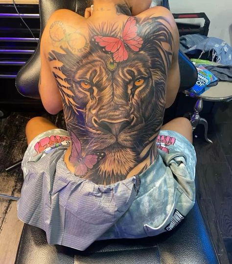 Big Back Tattoos For Women, Lion Butterfly, Baddie Tattoos, Cute Tattoo Ideas, Cute Thigh Tattoos, Girl Thigh Tattoos, Arm Sleeve Tattoos For Women, Feminine Tattoo Sleeves, Hand Tattoos For Girls