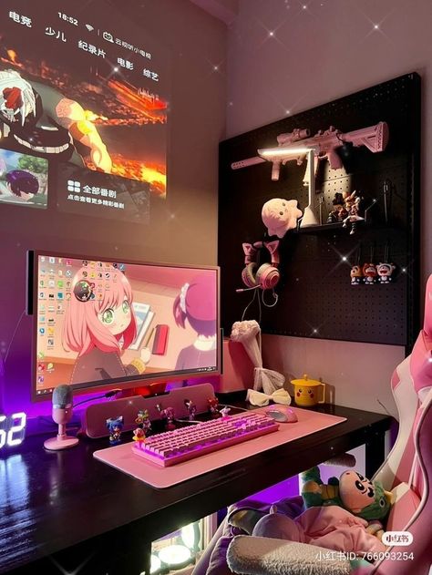 kawaii pink gaming setup Women Gaming Setup, Anime Game Room, Anime Gaming Room, Gamer Girl Room, Gamer Girl Setup, Pink Gaming Setup, Games Room Inspiration, Pink Games, Gamer Setup