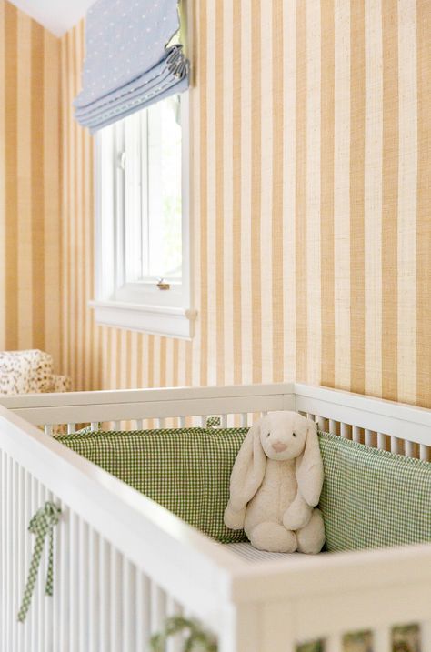 A NURSERY SNEAK PEEK | Luella & June Striped Wallpaper Nursery, Striped Nursery, Nursery Interior Design, Custom Dresser, Fun Nursery, Yellow Nursery, Baby Crib Sheets, Striped Room, Striped Walls