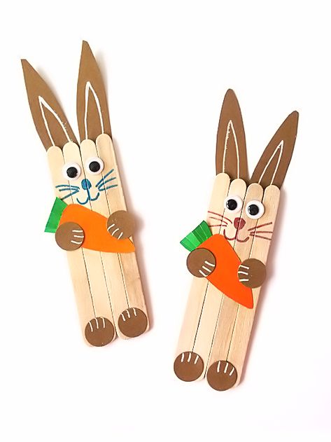 Craft Stick Bunny Craft Bunny Crafts Preschool, Easter Bunny Crafts Preschool, Lolly Stick Craft, Carrot Craft, Remembrance Day Art, Craft Easter, Bunny Craft, April Crafts, Easter Wood Crafts