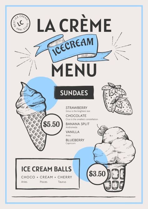 Linear Hand-drawn La Crème Ice Cream Menu Ice Cream Social Flyer, Ice Cream Menu Design, Fast Food Menu Design, Restaurant Flyer Design, Menu Design Restaurant, Blackboard Menu, Draw Ice Cream, Menu Vintage, Ice Cream Menu