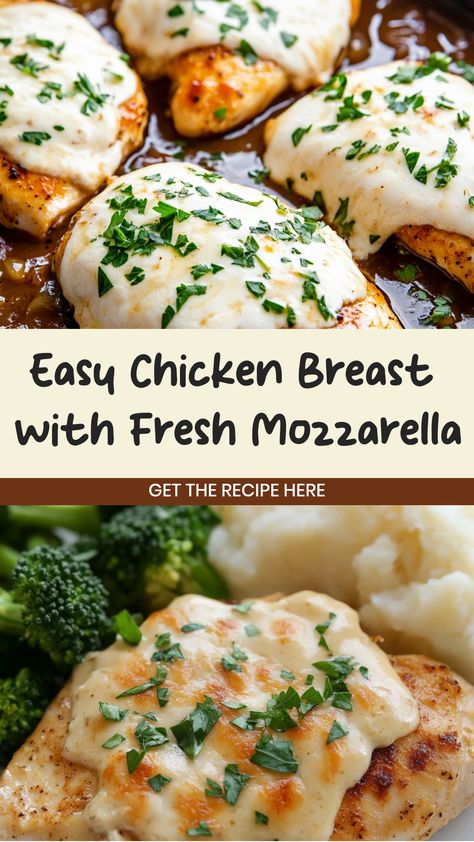 Indulge in a delicious meal with this flavorful recipe for juicy chicken breast topped with melted fresh mozzarella. Elevate your dinner game with this easy-to-make dish that is perfect for any occasion. The combination of tender chicken and gooey cheese will have your taste buds dancing! Whether you're looking to impress guests or simply wanting a tasty homemade meal, this recipe is sure to hit the spot. Chicken And Fresh Mozzarella Recipes, How To Use Fresh Mozzarella, Chicken Breast Mozzarella Recipes, Mozerella Recipes Dinners, Chicken And Mozzarella Recipes, Chicken Mozzarella Recipes, Fresh Mozzarella Recipe Meals, Chicken With Mozzarella Cheese, Mozarella Chicken