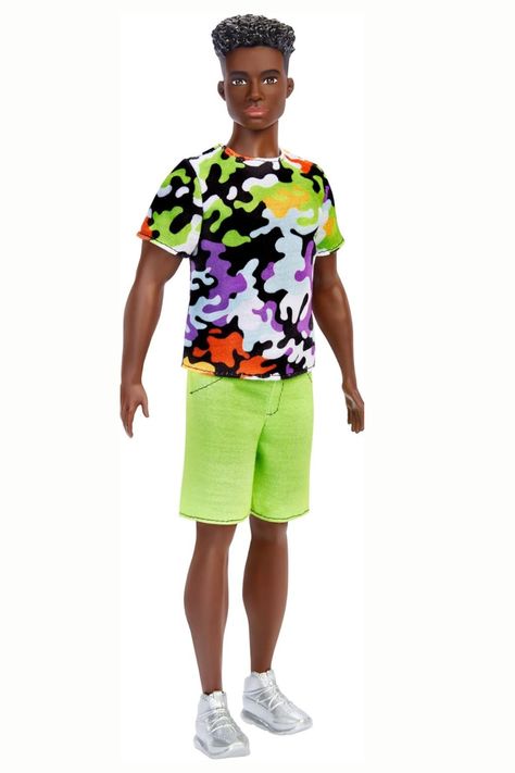 Barbie Black Ken Fashionistas Doll, Broad, Black Curly Hair, Multi-Colored Camo Print Shirt, Neon Green Shorts, Silvery Sneakers. Neon Green Shorts, Colors Hair, Celebrate Diversity, Camo Outfits, Barbie Ken, Black Curly, Black Curly Hair, Barbie Toys, Camo Shirts