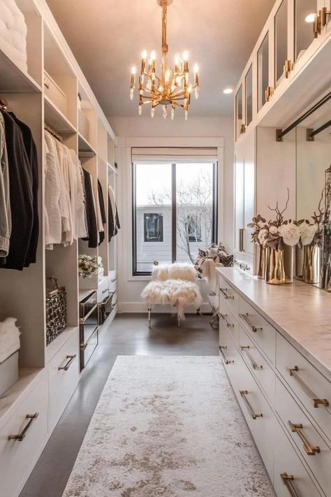 35 Glamorous walk-in closet ideas to make you swoon Full Length Mirror In Closet Walk In, Semi Custom Walk In Closet, Long Closet Design, Walk In Hall Closet, Custom Closets Walk In Built Ins, Women’s Closet Design, Closet With Windows Ideas, Closet Organization Ideas With Mirror, Medium Walk In Closet Ideas