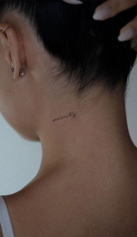 Small Image Tattoos For Women, Small One Word Tattoos For Women, Small Design Tattoos For Women, Perfect Small Tattoos, It’s Written Tattoo, Behind Next Tattoo, Aestethic Tattoos For Women, Small Tattoos For Women Words, Women Small Back Tattoos