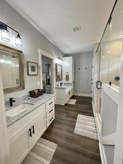 Blueprint Bathroom Master Bath, Connected Bathroom, Master Bath Split Vanity Ideas, Master Bath Remodel Separate Vanities, Two Person Bathroom Ideas, Small Master Bath Closet Combo, Closet In Restroom Ideas, Two Seperate Bathroom Vanities, Shower For 2 People