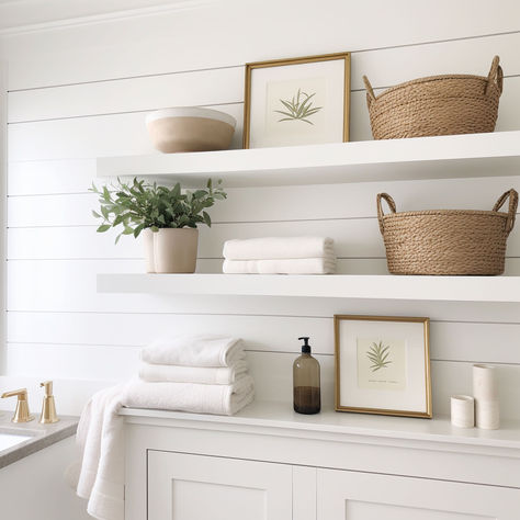 20 Good Looking Floating Shelf Ideas Modern Farmhouse Bathroom Floating Shelves, Bathroom Floating Shelves For Towels, Floating Shelf Ideas, White Bathroom Shelves, How To Make Floating Shelves, All White Bathroom, White Wall Shelves, Coastal White, Shelves Bathroom