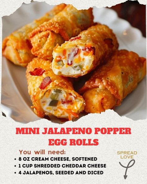 Whatcha' Got Cookin', Good Lookin'?! | Mini Jalapeno Popper Egg Rolls 🧀🌶️ | Facebook Jalapeno Egg Rolls, Jalapeno Popper Egg Rolls, Fried Snacks, Healthy Party Snacks, Bacon Jalapeno Poppers, Stuffed Jalapenos With Bacon, Jalapeno Popper, Easy Meal Plans, Spring Roll