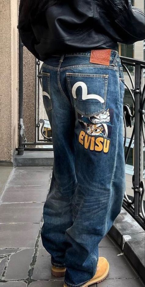 Evisu Jeans Outfit, Empyre Jeans, Denim Diy Clothes, Evisu Jeans, Rocawear Jeans, Streetwear Jeans, Custom Jeans, Fresh Outfits, Fits Clothes