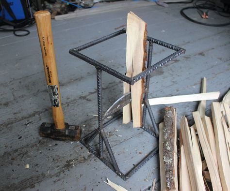 In this Instructable, I am going to show you how I made a stationary wood splitter, it can be used to split logs or make kindling. Making kindling is what I need it for, using this stationary splitter is much safer than trying to split wood using an axe or hatchet. The top has a square cage to keep the hammer or your hand away from the blade when in use.It works by holding the wood over the blade and then hitting it with a mallet or another piece of wood. For those of you who can't swing ... Diy Kindling Splitter, Diy Wood Splitter, Kindling Splitter, Splitting Wood, Wood Splitter, Log Splitter, Firewood Rack, Blacksmith Projects, Firewood Storage