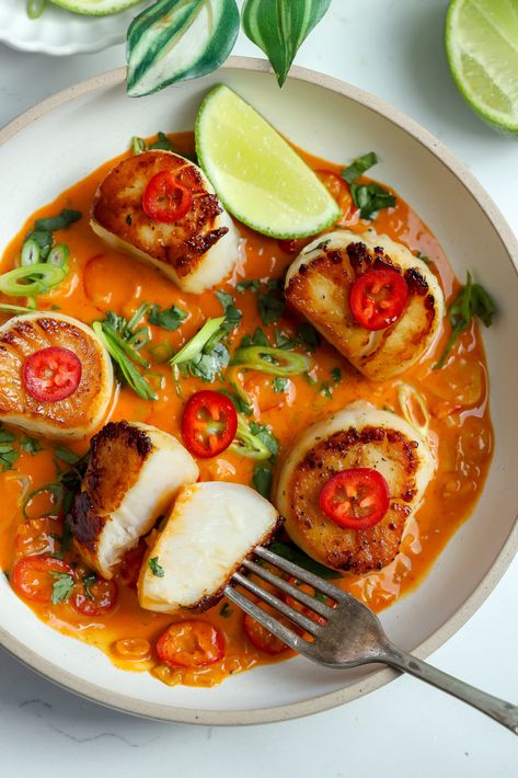 Spicy Scallops Dishes With Scallops, Scallop Hors D’oeuvres, Spicy Coconut Curry Scallops, Scallop Dinner Recipes, Thai Scallops, Fancy Seafood Dishes, Scallops Chorizo, Scallops Dinner Ideas, Simple Fish Recipes