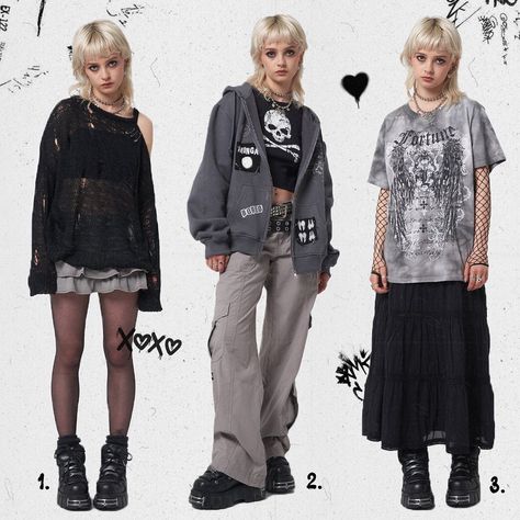 Minga London on Instagram: “New collection fits 🖤 What’s your fav: 1, 2 or 3? 💀🔗” Minga London Aesthetic, Minga London Outfits, Fairycore Aesthetic Outfits, Grunge Aesthetic Clothes, Oversized Hoodie Outfit, Distressed Outfit, 2000s Japanese Fashion, Minga London, Alt Clothing