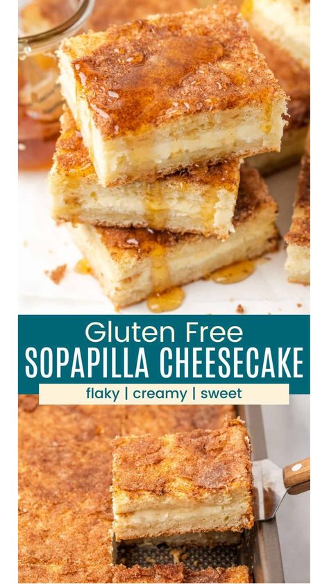 Layers of fluffy pastry, creamy cheesecake, and lots of sweet honey make these gluten-free sopapilla cheesecake bars impossible to resist! Keto Sopapilla Cheesecake, Gluten Free Sopapilla Cheesecake, Churro Cheesecake Gluten Free, Keto Sopapilla, Sopapilla Cheesecake Gluten Free, Cheesecake Bars Gluten Free, Cheesecake Sopapilla, Gluten Free Salted Caramel Cheesecake, Fluffy Pastry