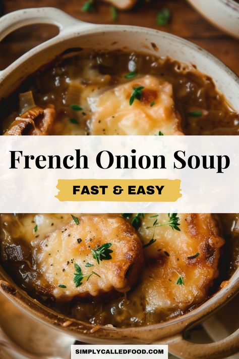 Discover the best French onion soup recipe, a simple, quick, and easy dish that embodies the rich flavors of French cuisine. Made with healthy ingredients and meat, it's perfect for any diet. You can prepare French onion soup in a Crock Pot, instant pot, slow cooker, or stove top. Dive into this tasty French onion soup recipe and more soup recipes at simplycalledfood.com. Onion Soup Slow Cooker, French Onion Soup Without Wine, French Onion Soup With Brandy, Healthy Onion Soup, Quick French Onion Soup, Julia Child French Onion Soup Recipe, French Onion Soup No Wine, Easy French Onion Soup Recipe, Best French Onion Soup