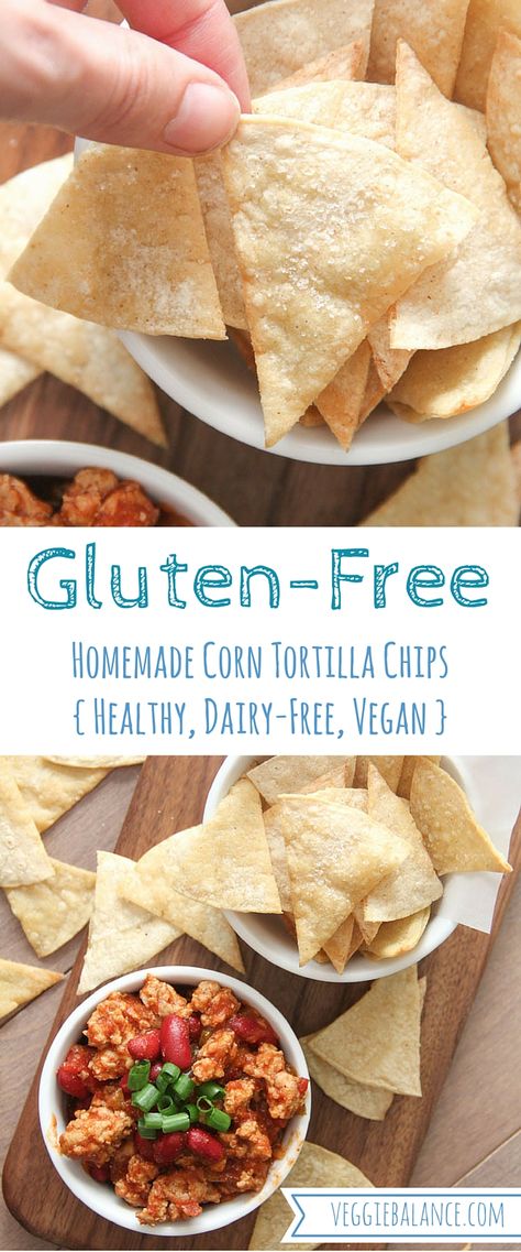 Gluten Free Chips Homemade, Healthy Homemade Tortilla Chips, Vegan Tortilla Chips, Homemade Corn Tortilla Chips, Tortillas Chips, Gluten Free Tortilla Chips, Paleo Tortillas, Gluten Free Chips, Dairy Free Dips