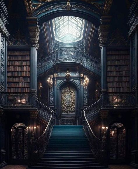 Fantasy House Aesthetic, Grand Library Aesthetic, Gothic Library Aesthetic, Grand Libraries, Fantasy Library Aesthetic, Dark Academia Mansion, Fantasy Manor, Dark Library, Castle Library