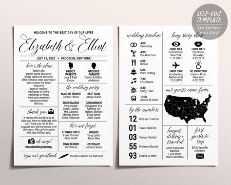 "Elegant calligraphy wedding program template THIS IS A TEMPLATE WHICH YOU CAN EDIT ON YOUR BROWSER- NO PHYSICAL PRODUCT WILL BE SHIPPED ❤️ EDITABLE TEMPLATE - 5x7\" size included - Edit immediately right from your browser - Personalize most text, fonts, & colors - Change size, placement, or delete elements completely - Upload your own logo or image ------------------------------------ ⭐️➡️ TRY THIS TEMPLATE BEFORE BUYING ⬅️⭐️ Copy + Paste this DEMO link into your browser: https://templett.c Black And White Infographic, Ceremony Order Of Events, Ceremony Order, Template Black And White, Fun Wedding Programs, Wedding Infographic, Order Of Events, Template Black, Elegant Calligraphy