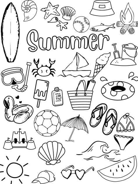 Easy, Printable Summer Colouring Sheet for All Ages Drawing Beach Ideas, Colouring In Sheets, Summer Things To Draw, Summer Drawings Doodles, Summer Colouring Pages, Summer Colouring Page, Summer Outline Drawings, Summer Stencils, Beachy Drawings