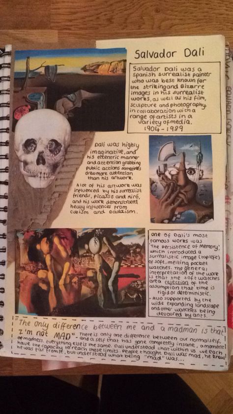 Research page Gcse Art Sketchbook Surrealism, Surrealism Research Page, Salvador Dali Research Page, Salvador Dali Artist Research Page, Artist Reaserch Page A Level, Sketchbook Topics, Artist Reaserch Pages, Gcse Ceramics, A Level Art Themes