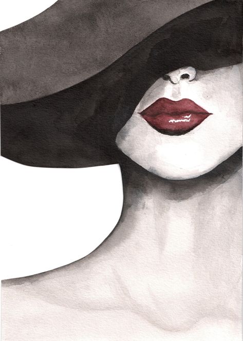 Classy Woman In Hat Original Watercolor Painting Print, Red Lips, Mysterious Woman, Classy Art, Sexy Woman, Fashion Art Woman In Hat Drawing, Women With Hat Drawing, Woman In Hat Painting, Classy Art Paintings, Lady Art Drawing, Fine Art Inspiration, Women Silhouette Art Classy, Woman Pictures Art, Classy Painting Ideas